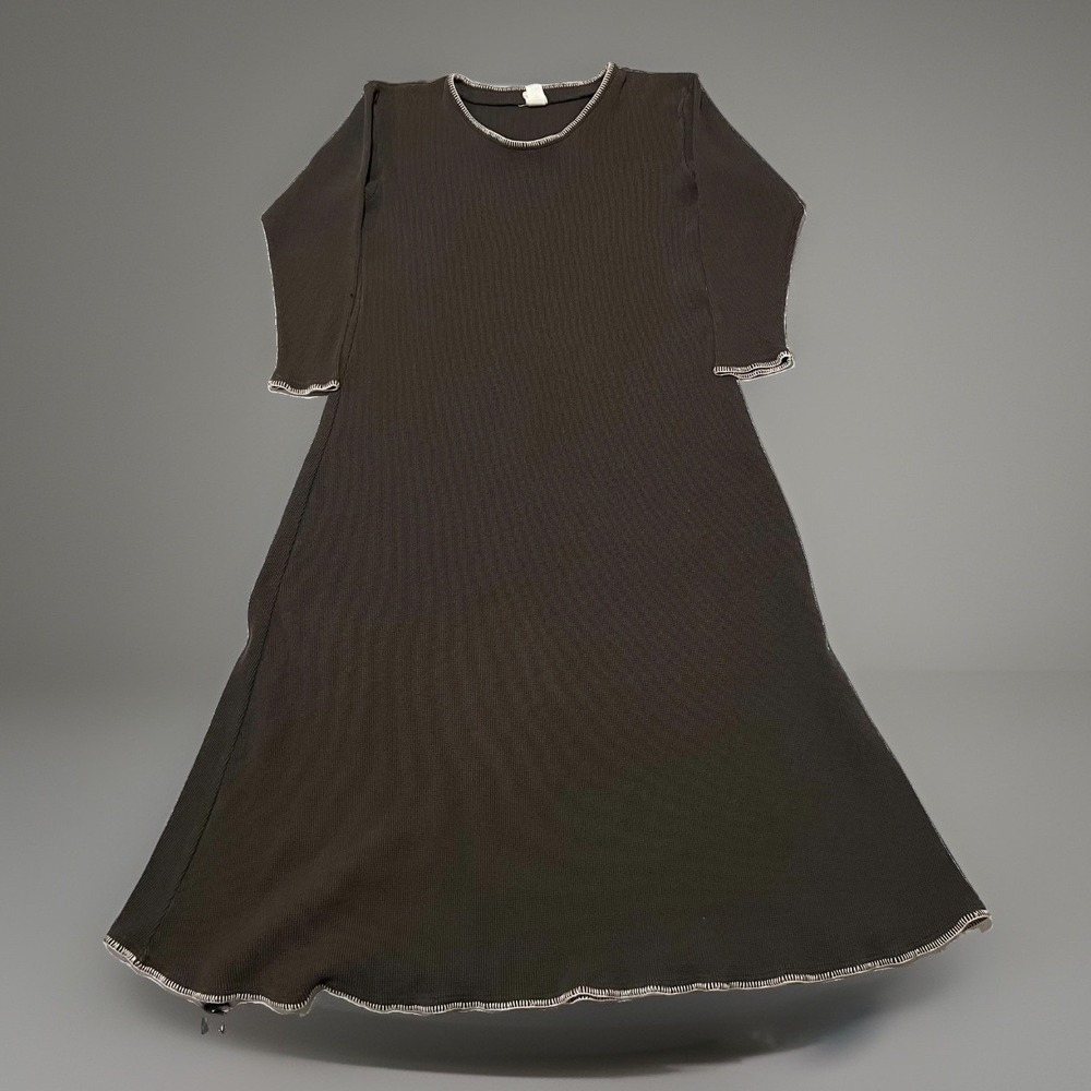 Fitigues Womens Brown Lettuce-Edge Trim Waffle Knit  A-Line Cotton Dress L